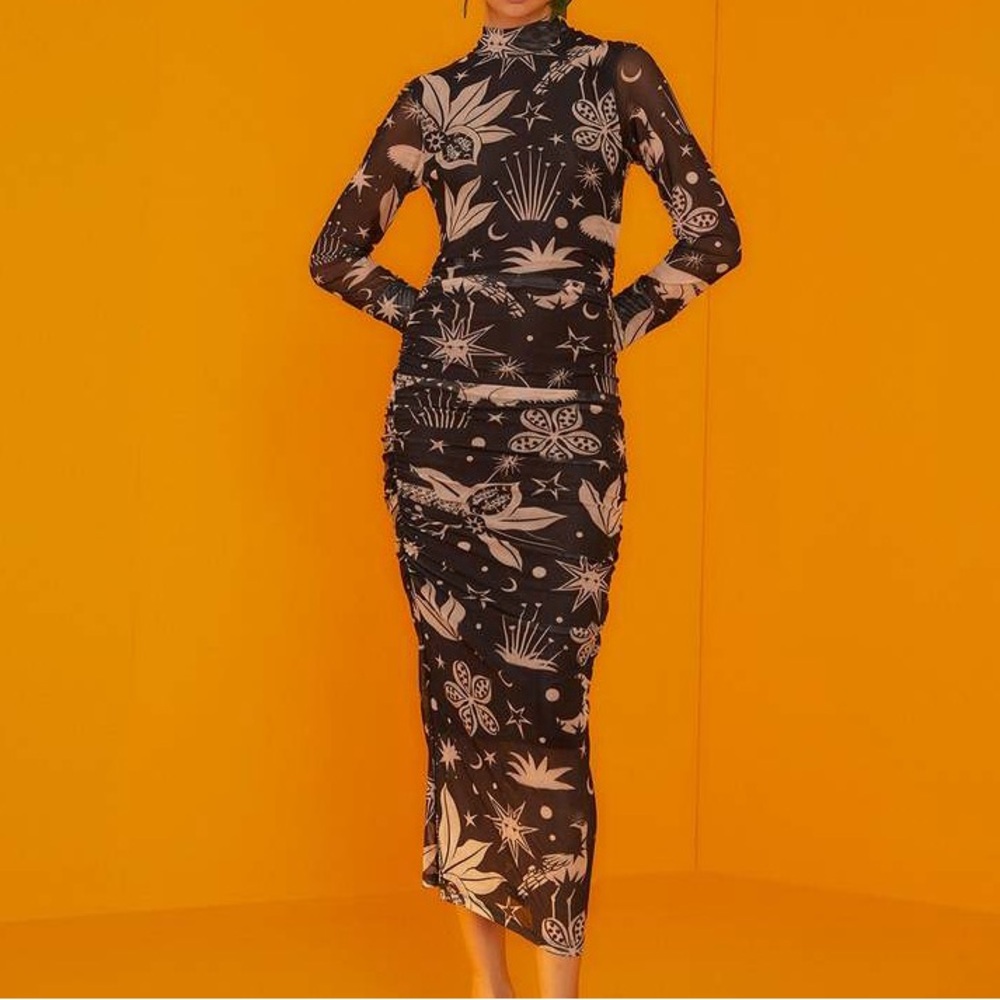 Farm Rio Cerrado Sky Dress - black and white mesh long sleeve dress in size L